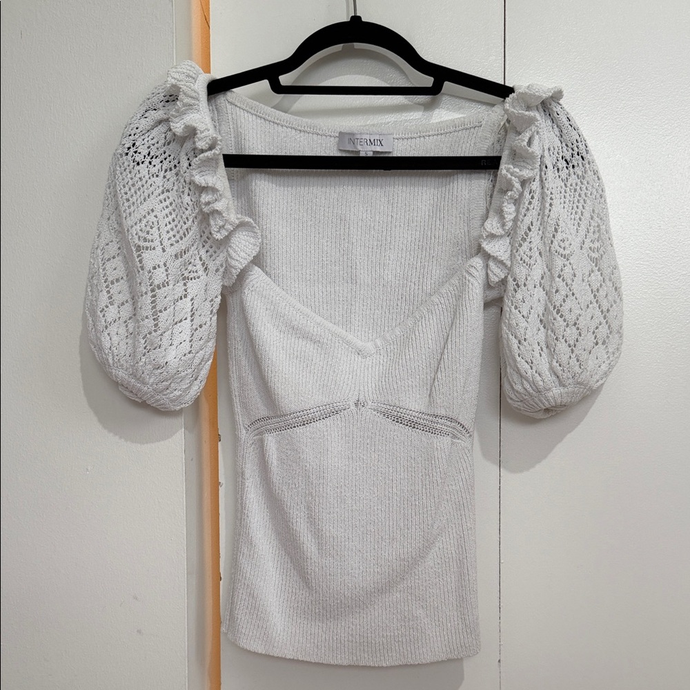 White INTERMIX Knit Top with Puff Sleeves
